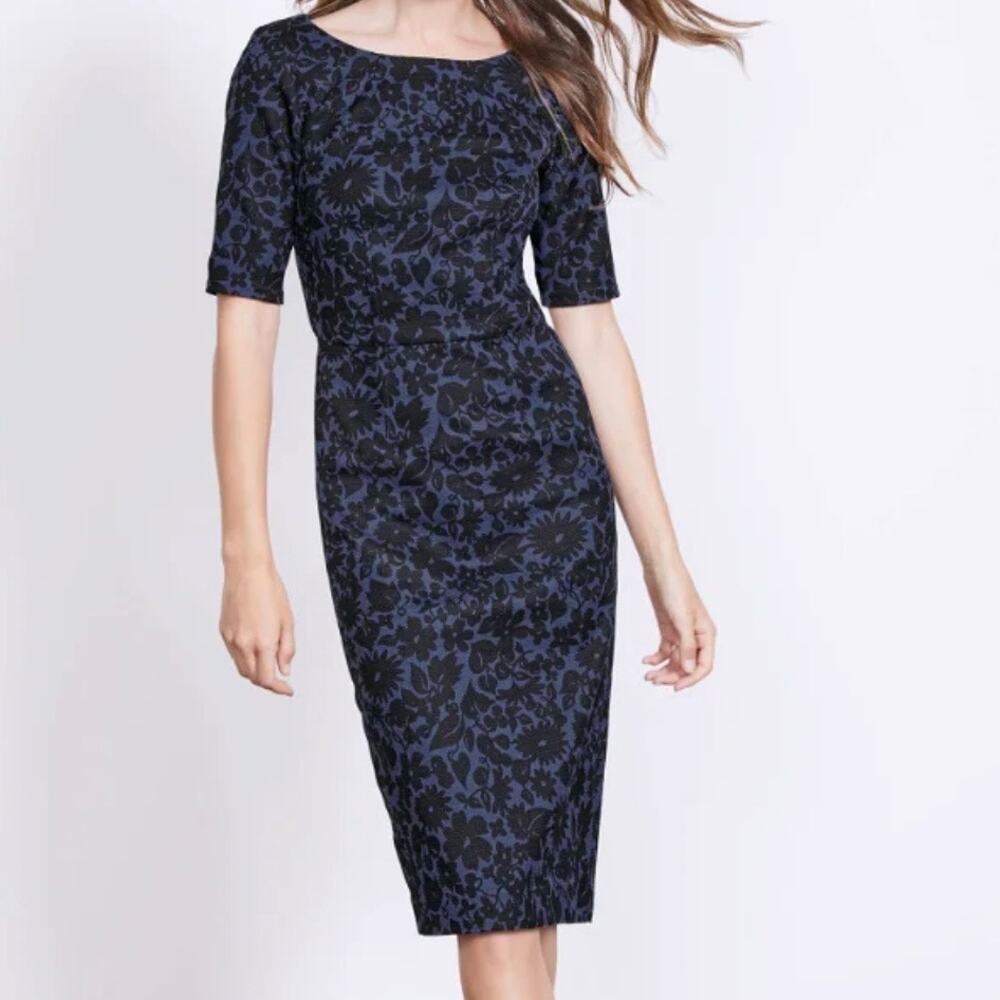 Boden Structured Sheath Cotton Dress Blue Black Velvet Short Sleeve Size 2P